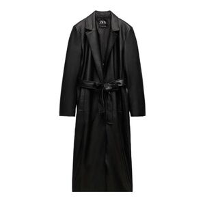 Zara Black Faux Leather Long Belted Coat